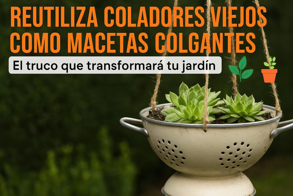 Reutiliza coladores viejos como macetas colgantes